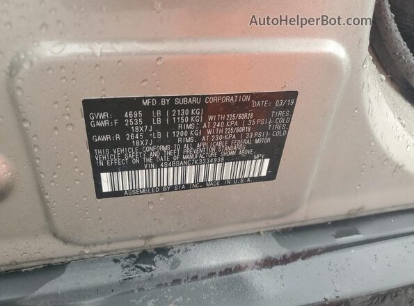 4S4BSANC7K3334938 2019 SUBARU OUTBACK Tan ძრავის განყოფილების ხედი