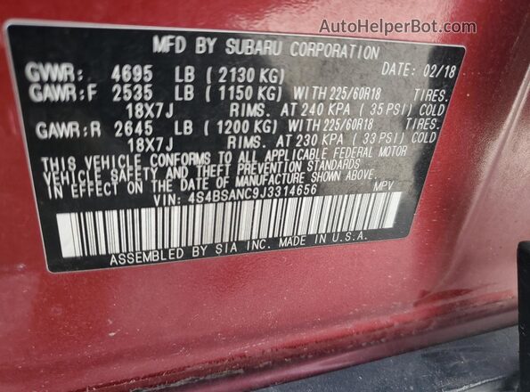 4S4BSANC9J3314656 2018 SUBARU OUTBACK Красный 