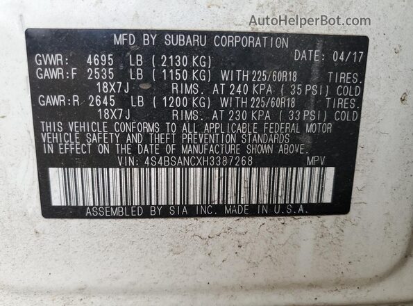 4S4BSANCXH3387268 2017 SUBARU OUTBACK White Вид підкапотного простору