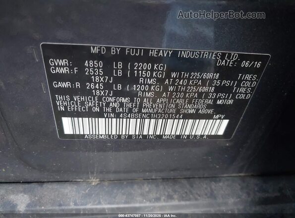 4S4BSENC1H3201544 2017 SUBARU OUTBACK Gray Widok komory silnika