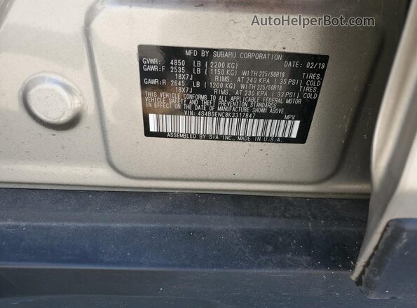 4S4BSENC8K3317847 2019 SUBARU OUTBACK Tan VIN კოდის სტიკერის ხედი