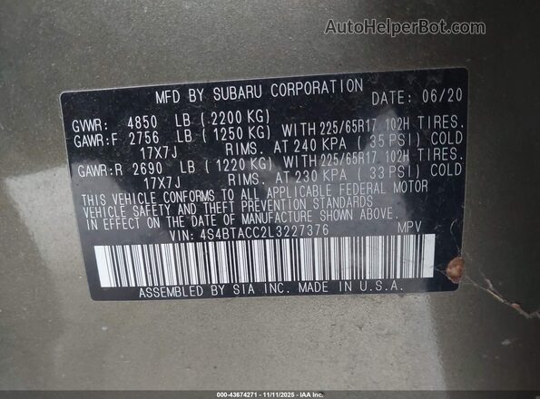 4S4BTACC2L3227376 2020 SUBARU OUTBACK Green Вид підкапотного простору