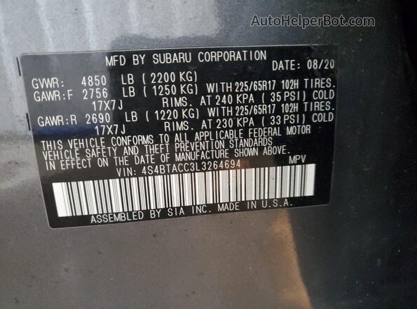 4S4BTACC3L3264694 2020 SUBARU OUTBACK Gray Вид наклейки з VIN-кодом