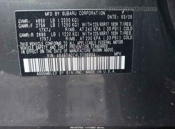4S4BTACC4L3206934 2020 SUBARU OUTBACK Gray Engine compartment view