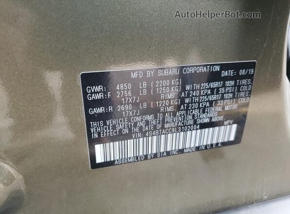 4S4BTACC9L3102004 2020 SUBARU OUTBACK Green VIN sticker view