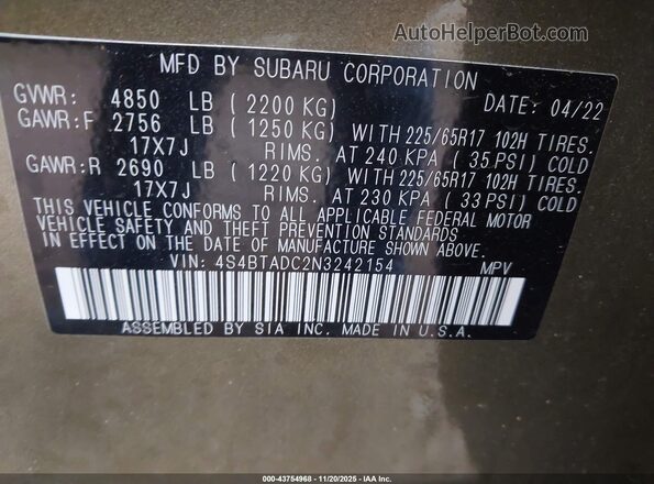 4S4BTADC2N3242154 2022 SUBARU OUTBACK Зеленый Вид подкапотного пространства