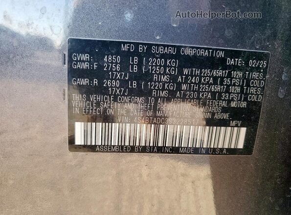 4S4BTADC3S3228517 2025 SUBARU OUTBACK Charcoal Widok naklejki z numerem VIN