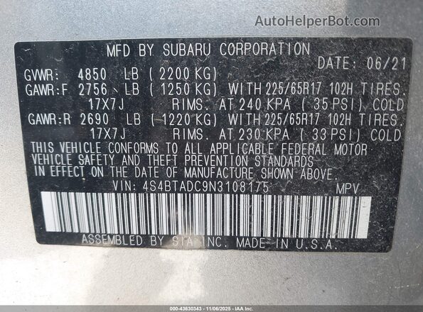 4S4BTADC9N3108175 2022 SUBARU OUTBACK Silver Widok komory silnika
