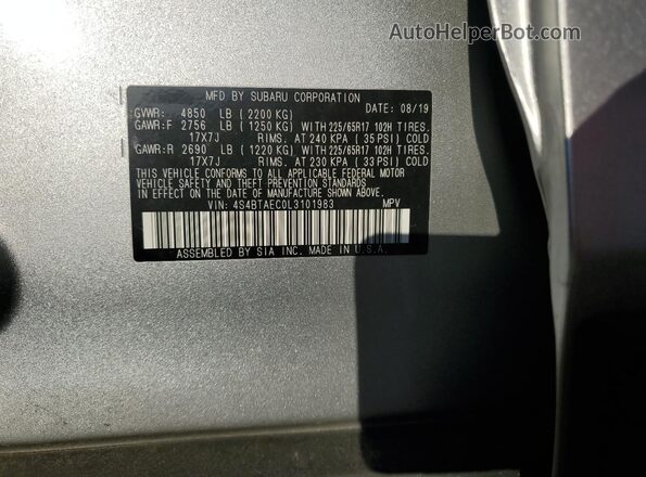 4S4BTAEC0L3101983 2020 SUBARU OUTBACK Серебряный Вид наклейки с VIN-кодом