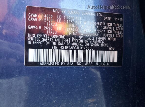 4S4BTAEC3L3145055 2020 SUBARU OUTBACK Blue Widok naklejki z numerem VIN