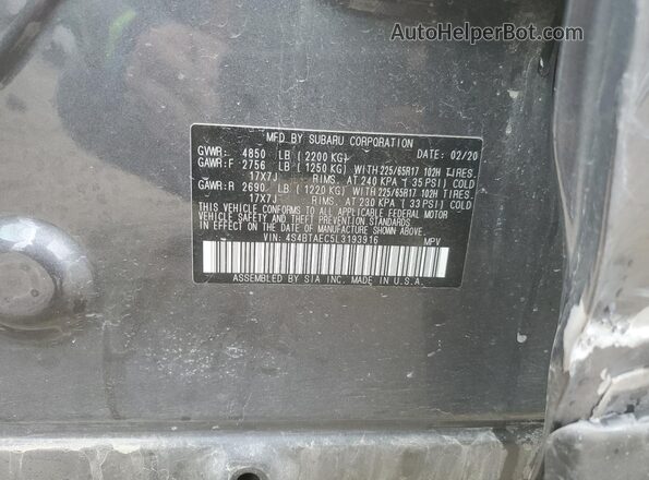 4S4BTAEC5L3193916 2020 SUBARU OUTBACK Gray VIN կոդի պիտակի տեսք