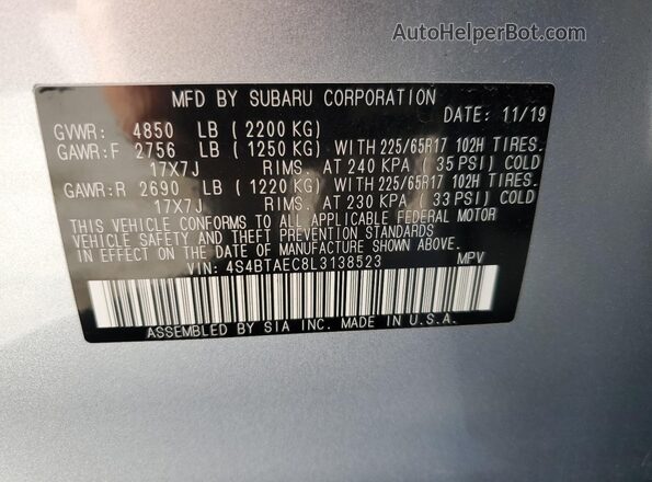 4S4BTAEC8L3138523 2020 SUBARU OUTBACK Silver VIN sticker view