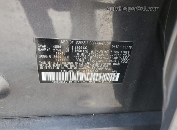 4S4BTAECXL3100968 2020 SUBARU OUTBACK Gray VIN კოდის სტიკერის ხედი
