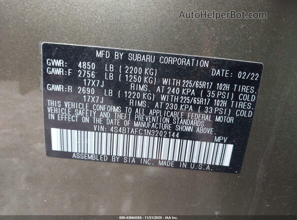 4S4BTAFC1N3202144 2022 SUBARU OUTBACK Зеленый Вид подкапотного пространства
