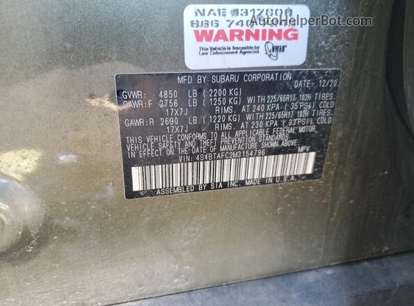 4S4BTAFC2M3154796 2021 SUBARU OUTBACK Green ძრავის განყოფილების ხედი
