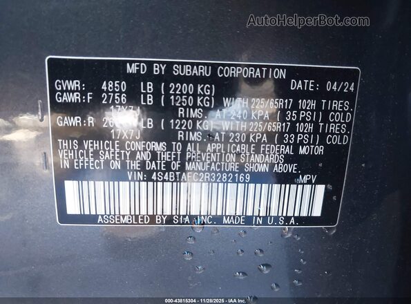 4S4BTAFC2R3282169 2024 SUBARU OUTBACK Gray 