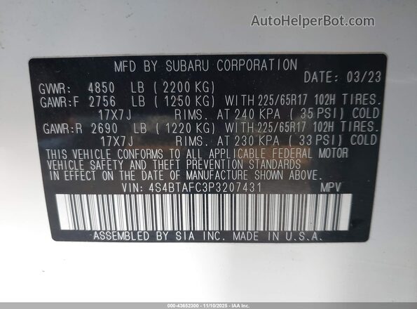 4S4BTAFC3P3207431 2023 SUBARU OUTBACK Белый Вид подкапотного пространства