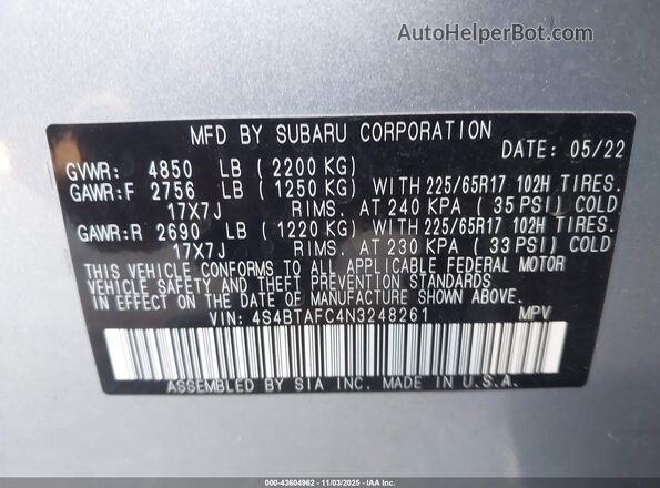 4S4BTAFC4N3248261 2022 SUBARU OUTBACK Silver Vista del compartimento del motor