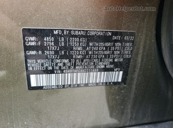 4S4BTAFC6N3211468 2022 SUBARU OUTBACK Green Vista de la etiqueta del VIN
