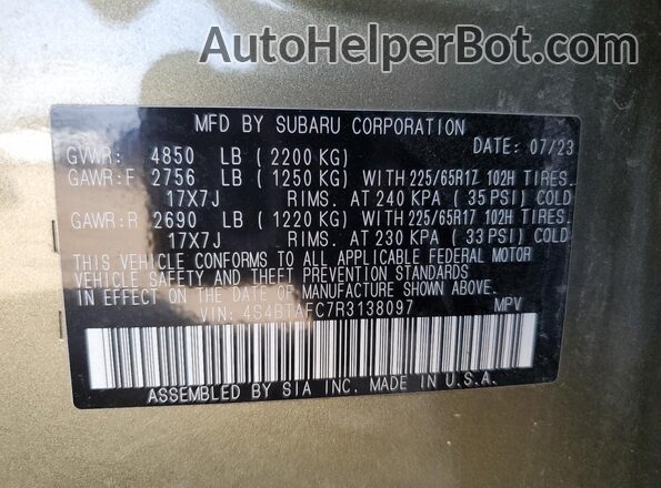 4S4BTAFC7R3138097 2024 SUBARU OUTBACK Green Widok naklejki z numerem VIN