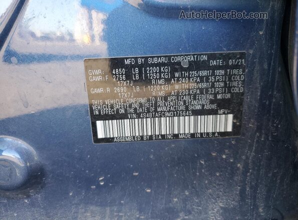 4S4BTAFC9M3175645 2021 SUBARU OUTBACK Blue Շարժիչի բաժամունքի տեսք