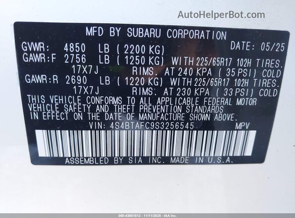 4S4BTAFC9S3256545 2025 SUBARU OUTBACK White 
