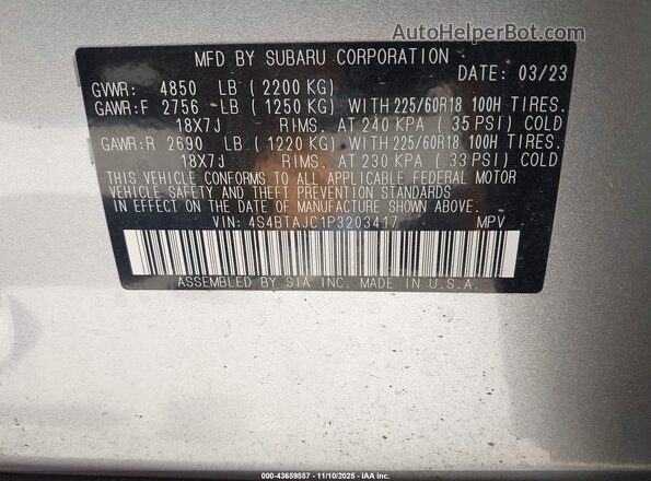 4S4BTAJC1P3203417 2023 SUBARU OUTBACK Серебряный Вид подкапотного пространства