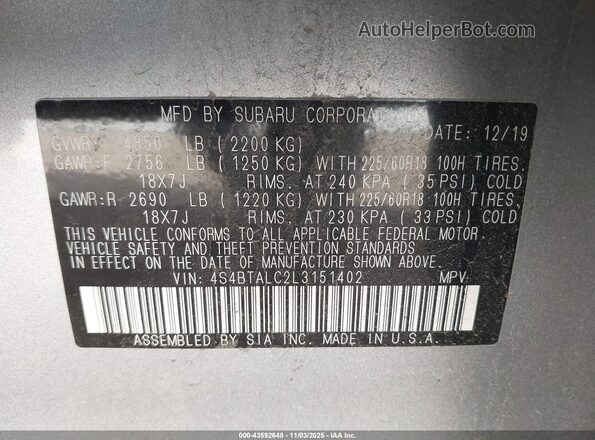 4S4BTALC2L3151402 2020 SUBARU OUTBACK Серебряный Вид подкапотного пространства