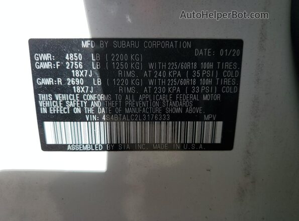 4S4BTALC2L3176333 2020 SUBARU OUTBACK White Вид наклейки з VIN-кодом