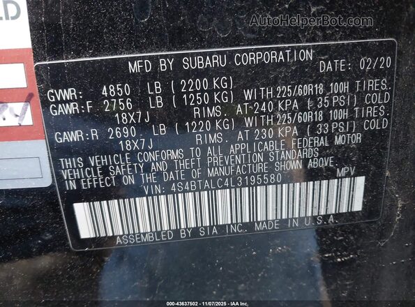 4S4BTALC4L3195580 2020 SUBARU OUTBACK Black Widok komory silnika