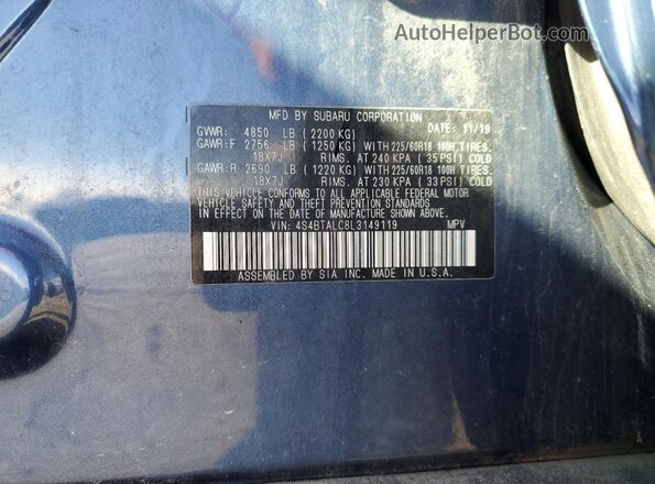 4S4BTALC8L3149119 2020 SUBARU OUTBACK Blue Вид підкапотного простору
