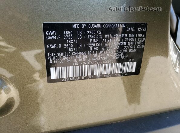 4S4BTALC9P3156036 2023 SUBARU OUTBACK Green Vista de la etiqueta del VIN