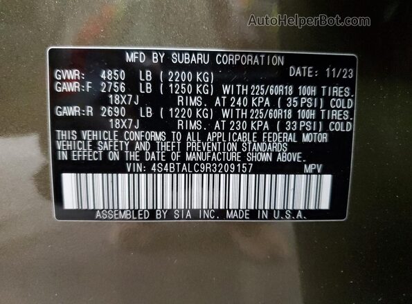 4S4BTALC9R3209157 2024 SUBARU OUTBACK Зеленый Вид наклейки с VIN-кодом
