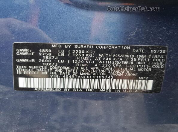 4S4BTANC0L3189742 2020 SUBARU OUTBACK Синий Вид наклейки с VIN-кодом