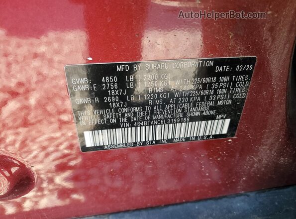 4S4BTANC6L3199188 2020 SUBARU OUTBACK Burgundy Widok komory silnika