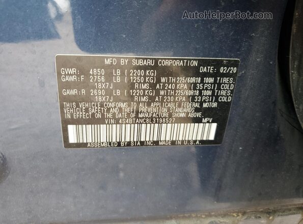 4S4BTANC8L3198527 2020 SUBARU OUTBACK Black VIN կոդի պիտակի տեսք