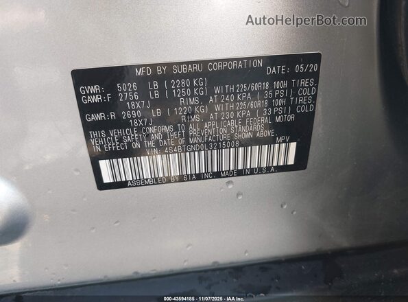 4S4BTGND0L3215008 2020 SUBARU OUTBACK Silver ძრავის განყოფილების ხედი