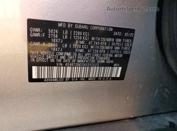 4S4BTGND2N3202523 2022 SUBARU OUTBACK Серебряный Вид подкапотного пространства
