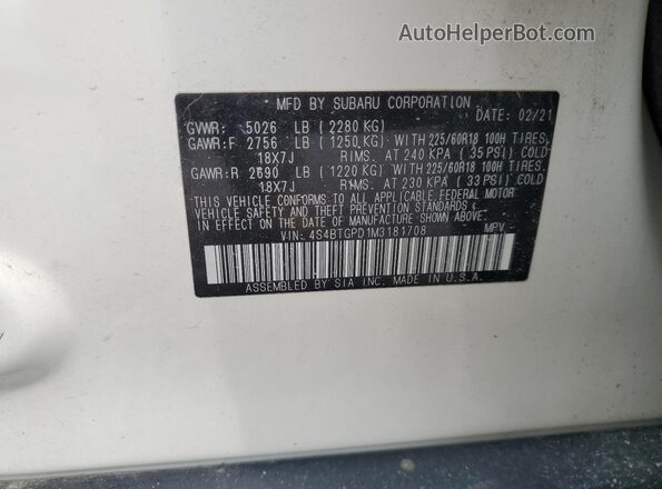4S4BTGPD1M3181708 2021 SUBARU OUTBACK White VIN კოდის სტიკერის ხედი