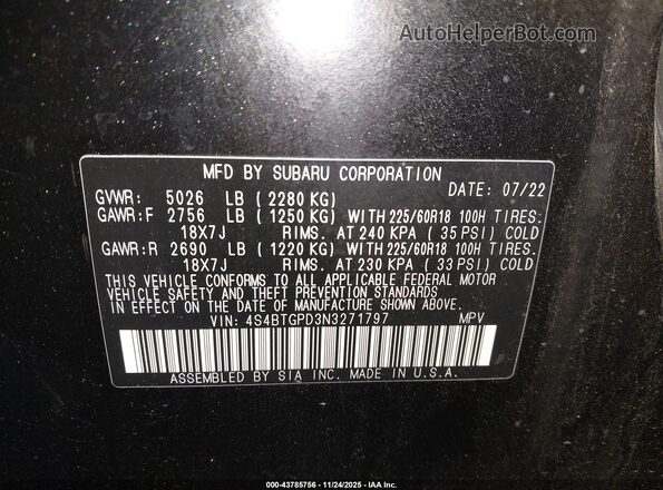 4S4BTGPD3N3271797 2022 SUBARU OUTBACK Черный Вид подкапотного пространства
