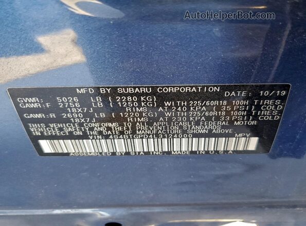 4S4BTGPD4L3124000 2020 SUBARU OUTBACK Blue Вид наклейки з VIN-кодом