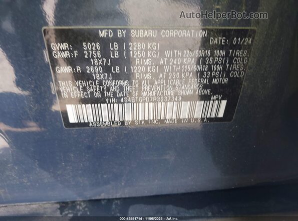 4S4BTGPD7R3237349 2024 SUBARU OUTBACK Blue Вид підкапотного простору