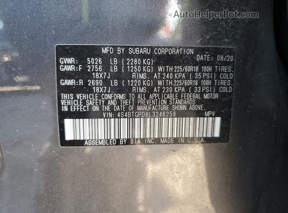 4S4BTGPD8L3246259 2020 SUBARU OUTBACK Gray Widok komory silnika