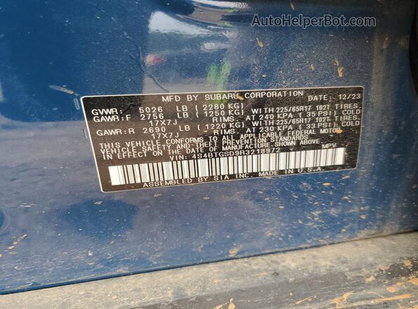 4S4BTGSD9R3218972 2024 SUBARU OUTBACK Blue VIN կոդի պիտակի տեսք