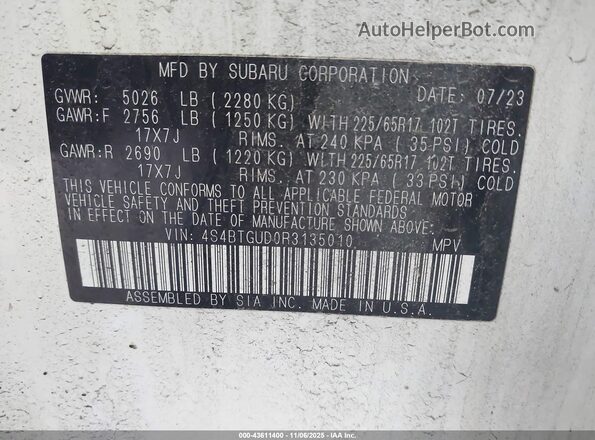 4S4BTGUD0R3135010 2024 SUBARU OUTBACK White Widok komory silnika