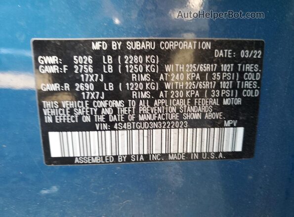 4S4BTGUD3N3222023 2022 SUBARU OUTBACK Синий Вид подкапотного пространства
