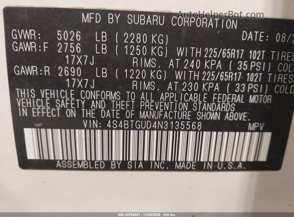 4S4BTGUD4N3135568 2022 SUBARU OUTBACK Белый Вид подкапотного пространства