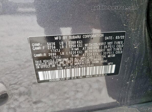 4S4BTGUD7N3222946 2022 SUBARU OUTBACK Угольный Вид наклейки с VIN-кодом