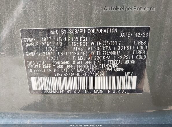 4S4GUHU64R3748094 2024 SUBARU CROSSTREK Green Widok komory silnika