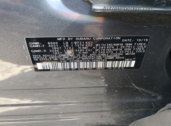 4S4WMACD4L3430289 2020 SUBARU ASCENT Gray Вид наклейки з VIN-кодом